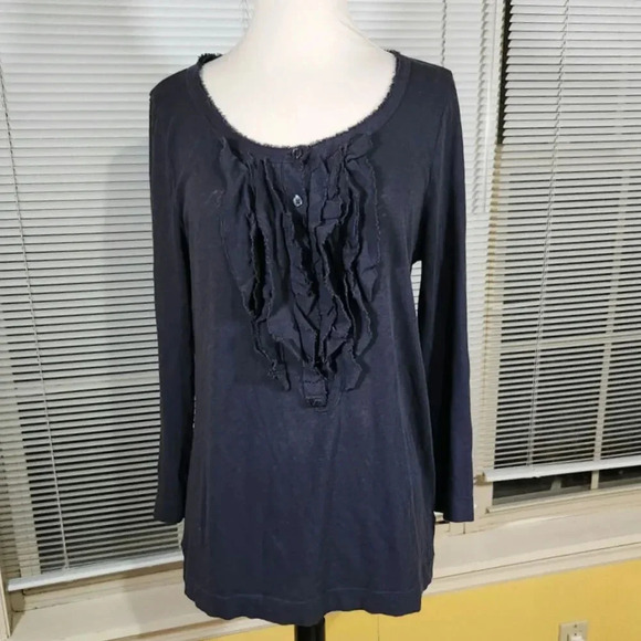 J. Crew Tops - J. Crew Tuxedo Ruffle Front Navy Blue Scoop Neck Knit Top, Large (Org $70)